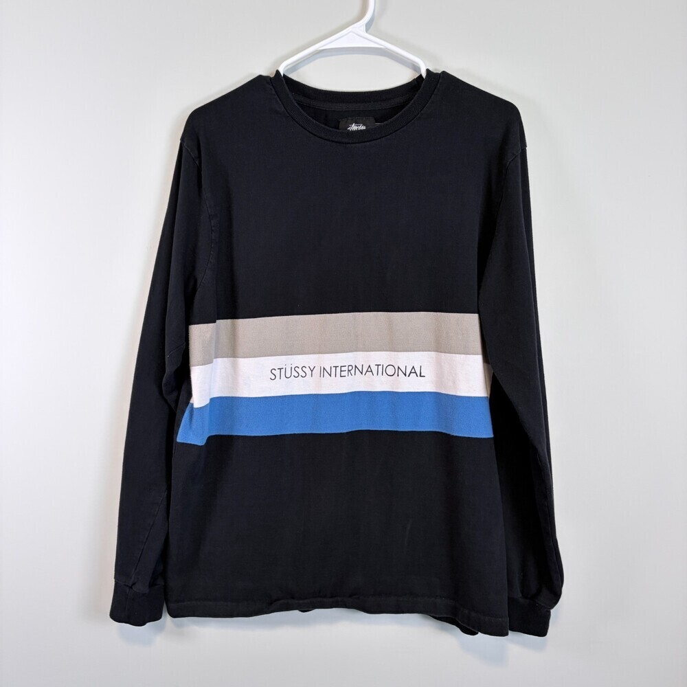Stüssy International Border Stripe Long Sleeve Crew Neck  Black Blue Grey Large